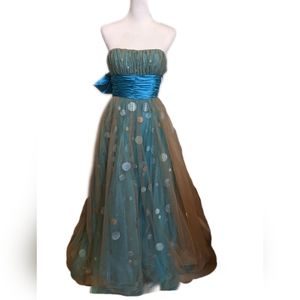 Sherri Hill formal gown - strapless turquoise blue and gold w/ side zip 🧜🏼‍  6